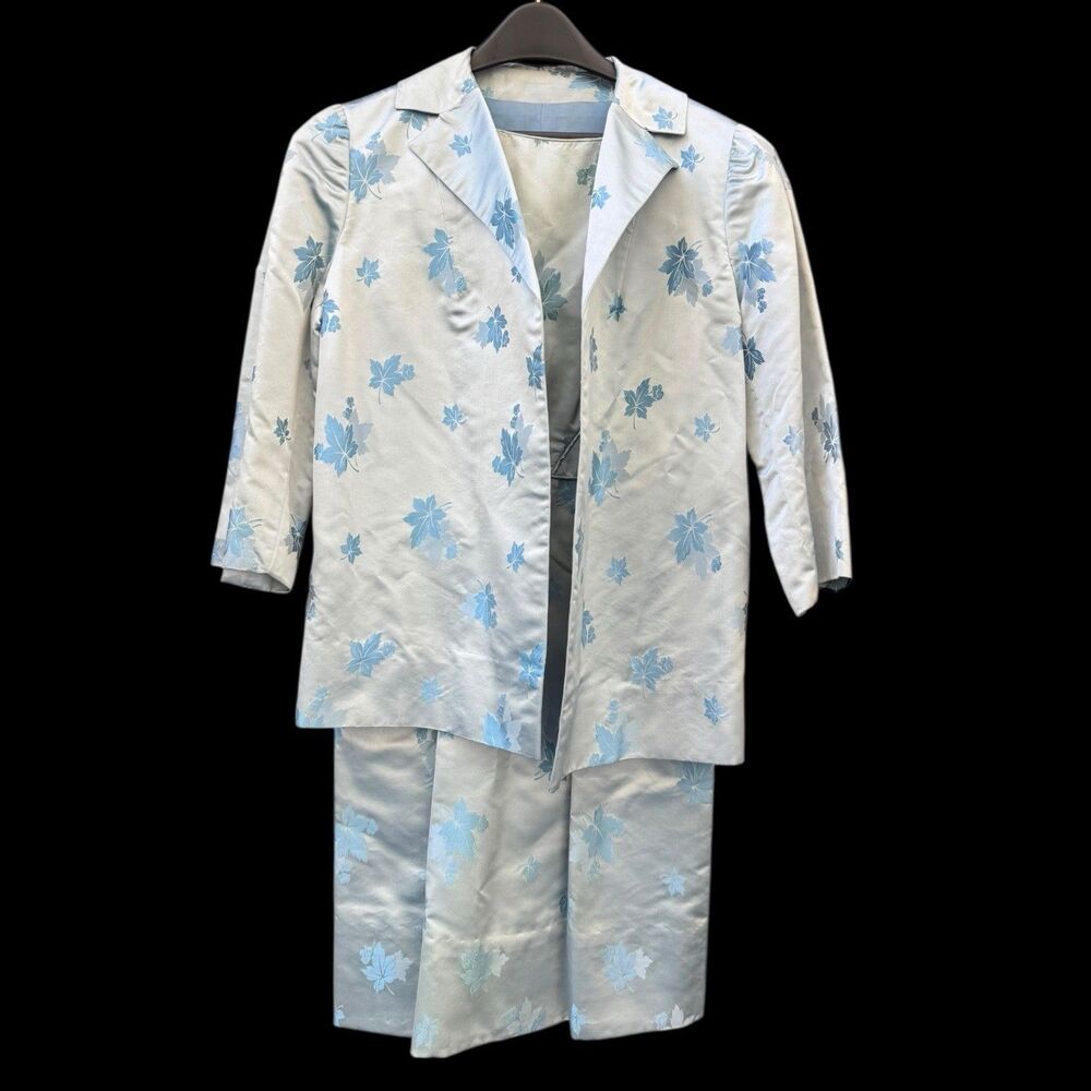Vintage 1960s Ice Blue Floral Chinese Silk Brocade Cocktail Dress & Jacket S